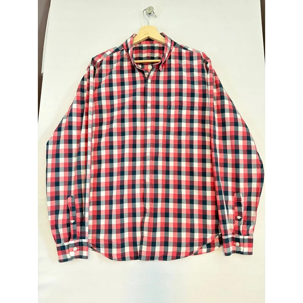 J.Crew Mens Lightweight Cotton Gingham Button Down Shirt Red Navy‎ Large